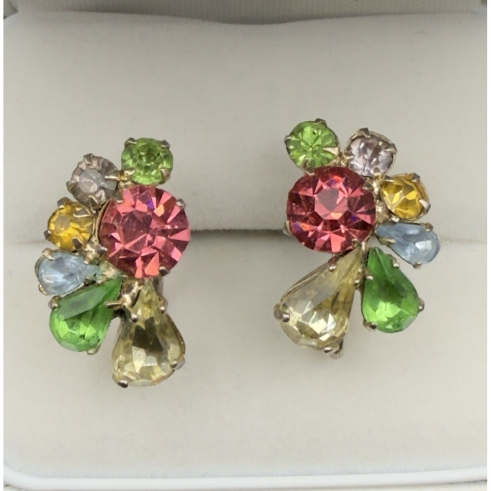 Vintage Gold Tone Multicolor Fruit Salad Rhinestone Screwback Earrings Pink Blue